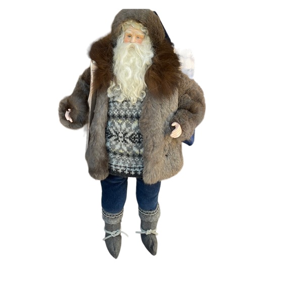 SANTA Handcrafted in gray fur coat with brown fur trim 19”H signed